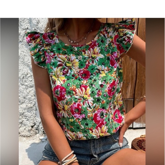 Boho Floral Paisley Print Ruffle Sleeve Top Blouse Shirt Pink - Picture 8 of 10